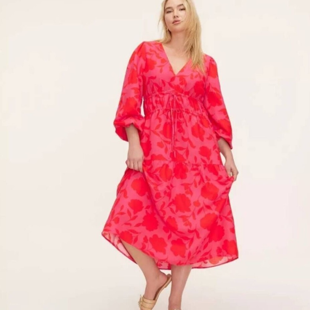 KATE SPADE NWT classic rose linen long sleeve maxi dress -red/pink -XS